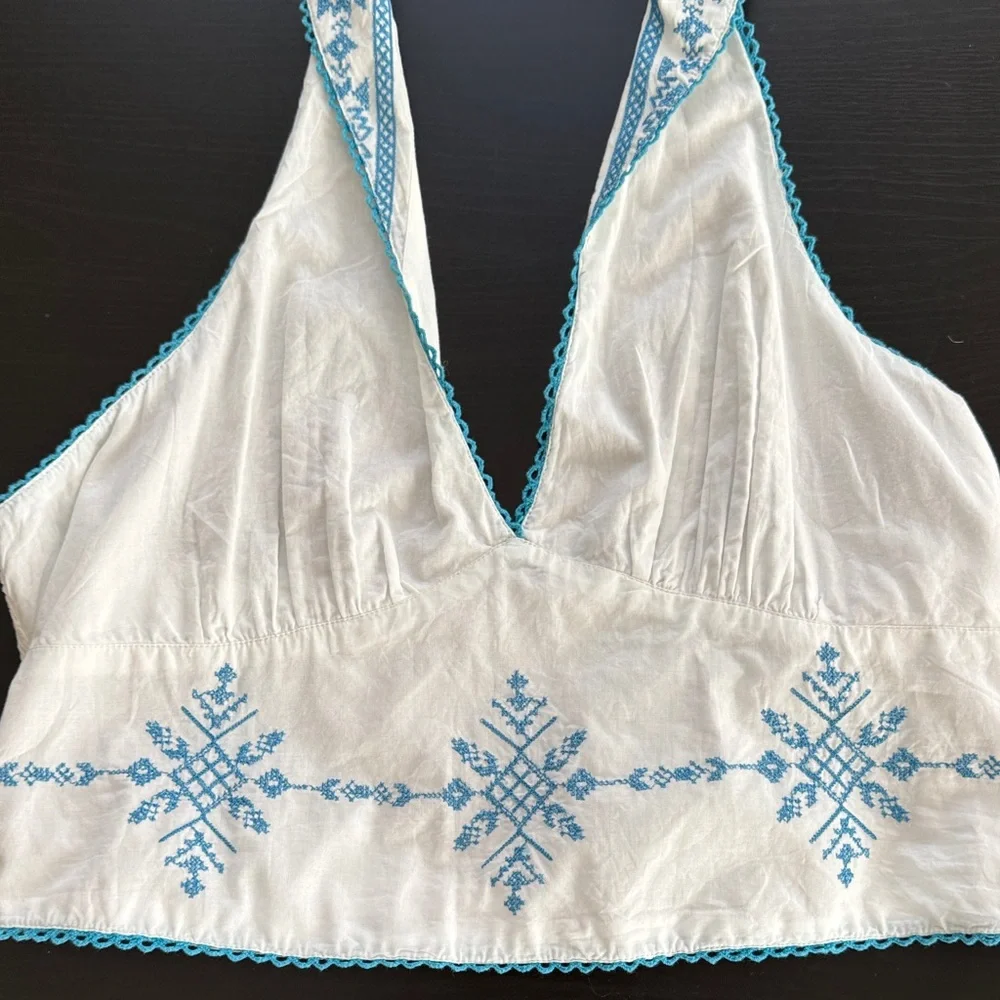 Free People Hello Lover Embroidery Halter White & Blue Cotton Top Size L -‎ NEW